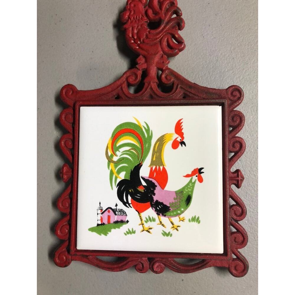 Vintage Cast Iron Rooster & Hen Farmhouse Trivet
